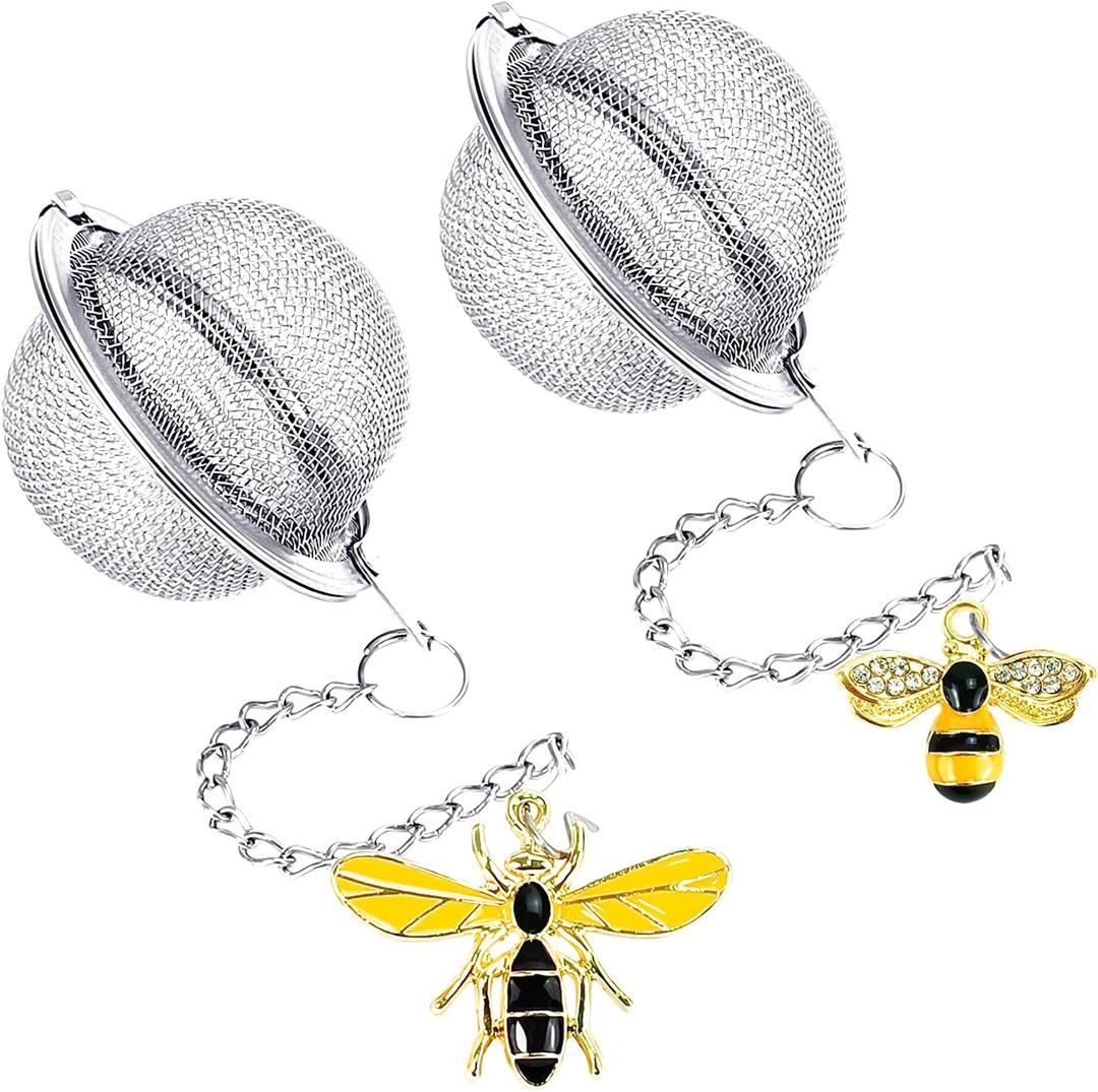 Stainless Steel Mesh Tea Infuser, 2.1 inch Tea Ball with Honey Bee Pendant Tea Strainer Tea Diffuser Tea Steeper for Filtering Tea,Tea Infusers for Loose Tea (Bee, 2PC)