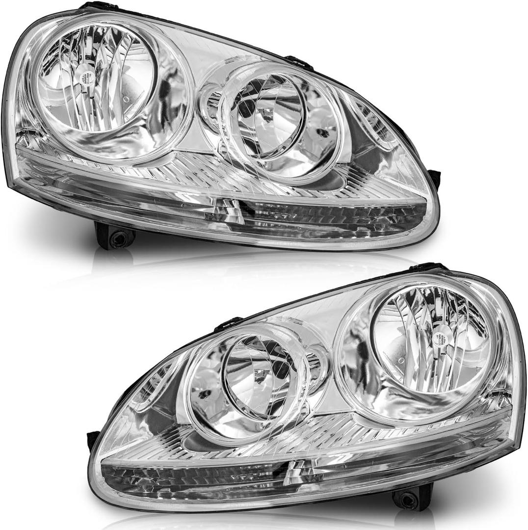 WEELMOTO for 2005-2010 Volkswagen Jetta Sedan Headlight Compatible with 2006-2009 Volkswagen GTI/Rabbit Headlamp DOES NOT FIT XENON/HID Chrome Housing