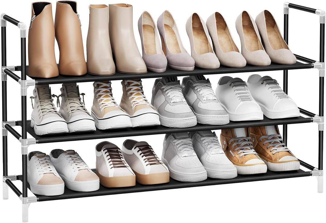 SONGMICS 3-Tier Shoe Rack, Shoe Storage for Hallway Closet, Slim and Space-Saving, Metal Frame, Non-Woven Fabric Shelves, Black ULSH053B01