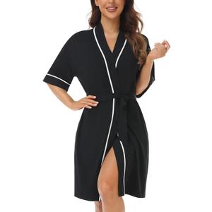 COLORFULLEAF Womens Bamboo Short Robes Lightweight Kimono Cotton Robe Soft Knit Bathrobe Ladies Loungewear with Pockets (X-Large, Black)