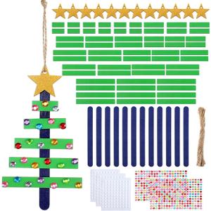 Colingmill 12 Pcs Christmas Trees Stick Craft Kit Wooden Christmas Ornament Arts and Craft Winter Ornaments for Xmas DIY Classroom Home Activities