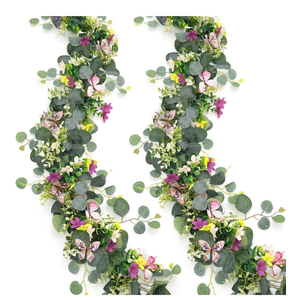 2 Pack 5.68 FT Artificial Daisy Garland with 3D Butterfly, Hanging Fake Flowers Greenery Eucalyptus Garland Floral Vines for Wedding Table Home Room Sping Decor
