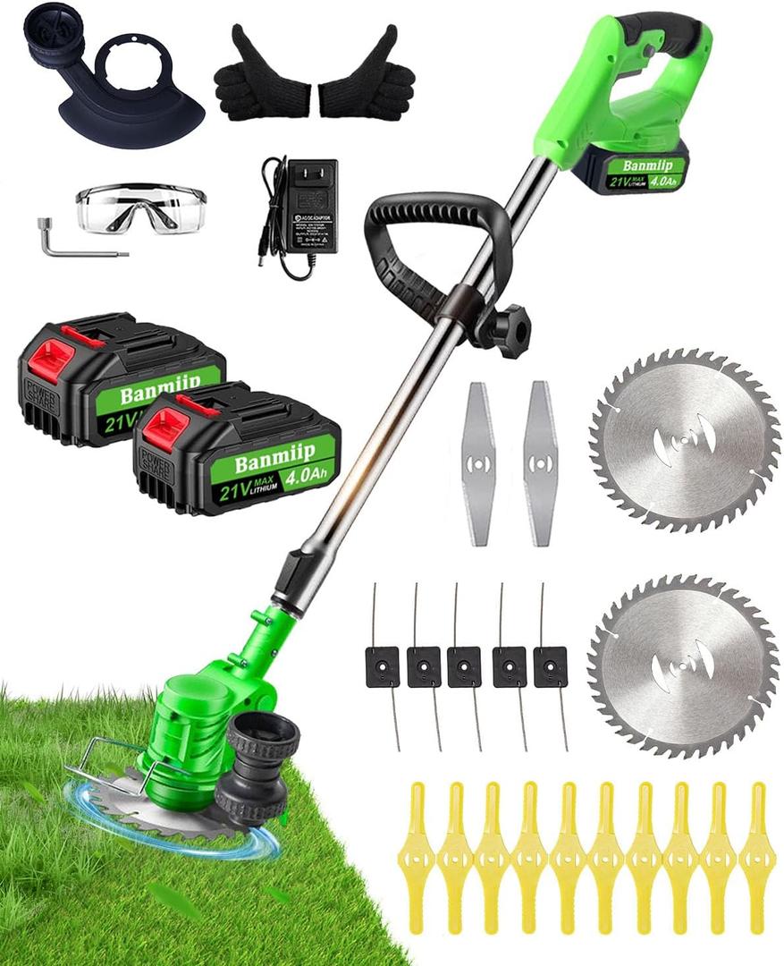 21V Electric Weed Wacker Crodless, 4 in 1 Grass Trimmer/Lawn Edger, Lightweight Weed Electric Eater with 4 Types Blades, 2 * 4.0Ah Battery and Charger Included (Green)