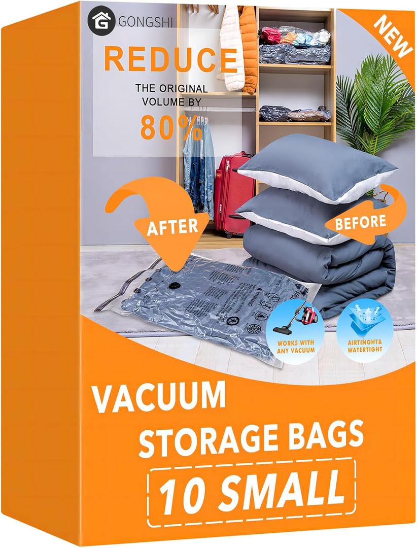 GONGSHI Vacuum Storage Bags, Space Saver Seal Bags For Clothing, Travel Luggage,Blankets, Comforters, Pillows, Clothes Storage.10 Small