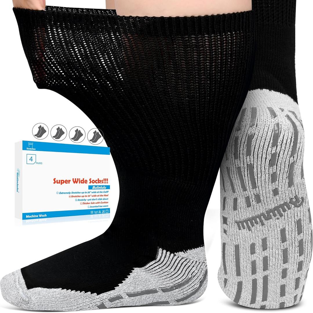 Bulinlulu Extra Width Diabetic Socks Men Women-4 Pairs Wide Edema Sock for Swollen Feet,Non Slip Cast Bariatric Socks 13-15 (Light Gray)