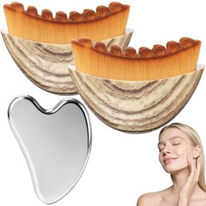 2PCS Lymphatic Contour Face Brush & Stainless Steel Gua Sha Tool Set, for Face and Neck Massage gua sha, Jawline Puffiness, Lifting, Relaxation, Lymphatic Drainage