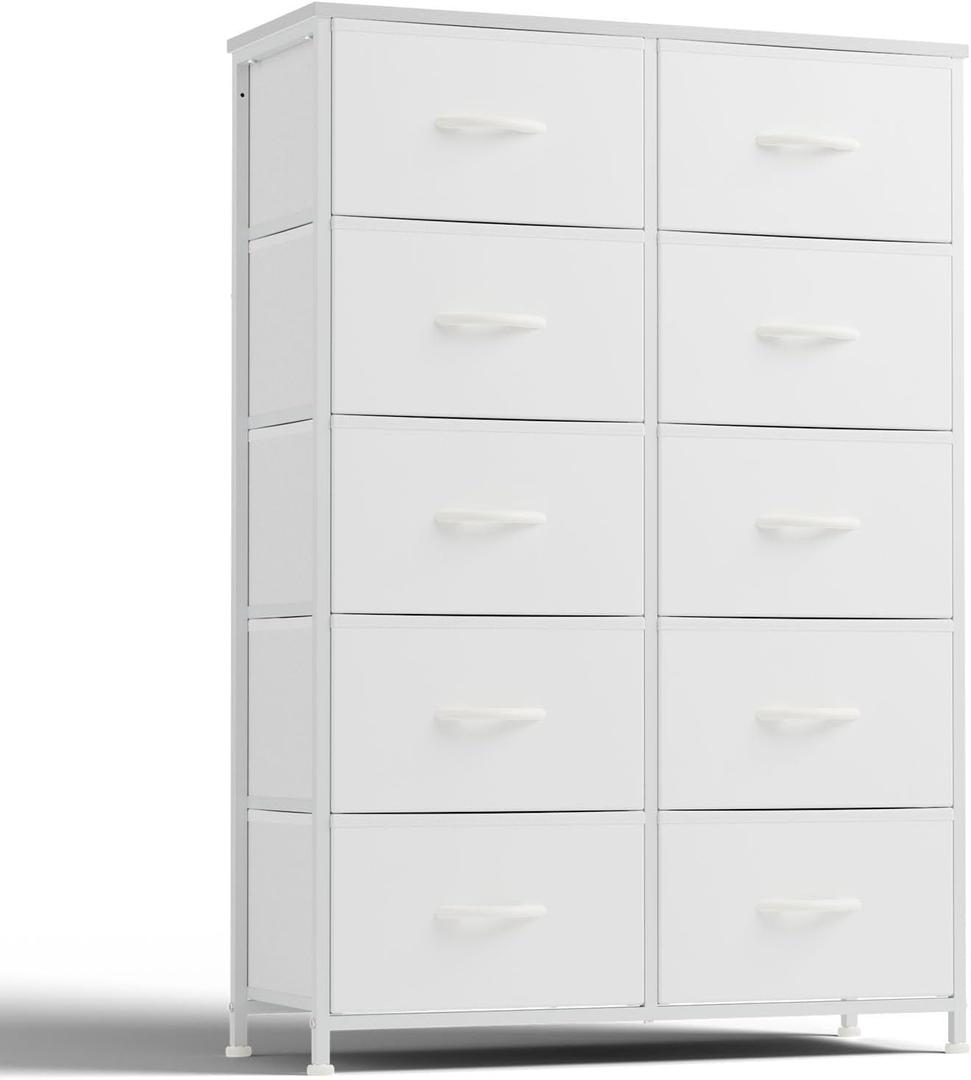 DUMOS 10 Drawer Tall Dresser for Bedroom & Living Room, White, 11.8"D x 31.5"W x 45.8"H
