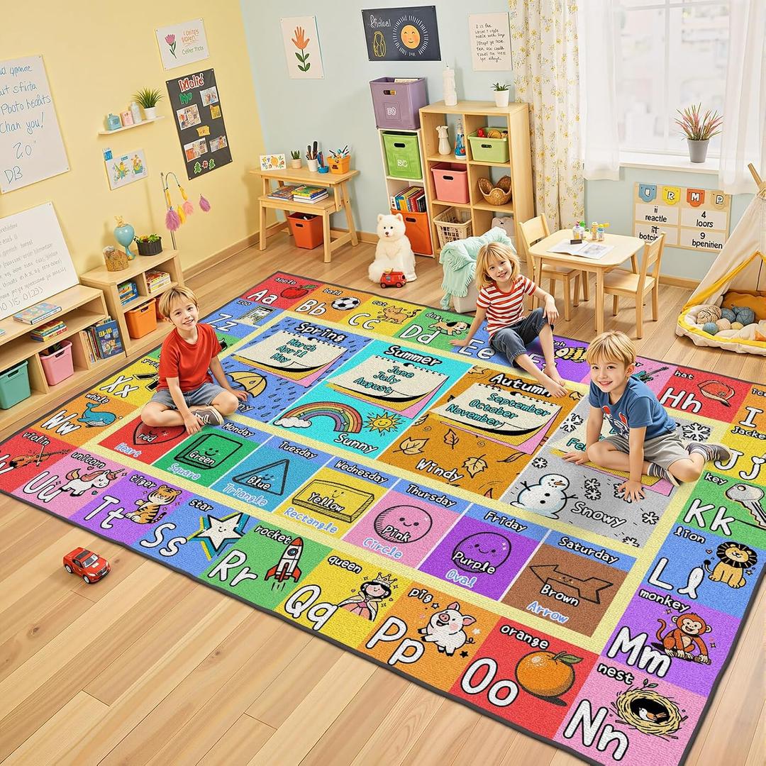 Large Classroom Rug Elementary 8x10 | Soft, Non-Slip & Washable Kids Play Mat | Educational ABC Rug for Kids Playroom, Preschool, Kindergarten & Daycare