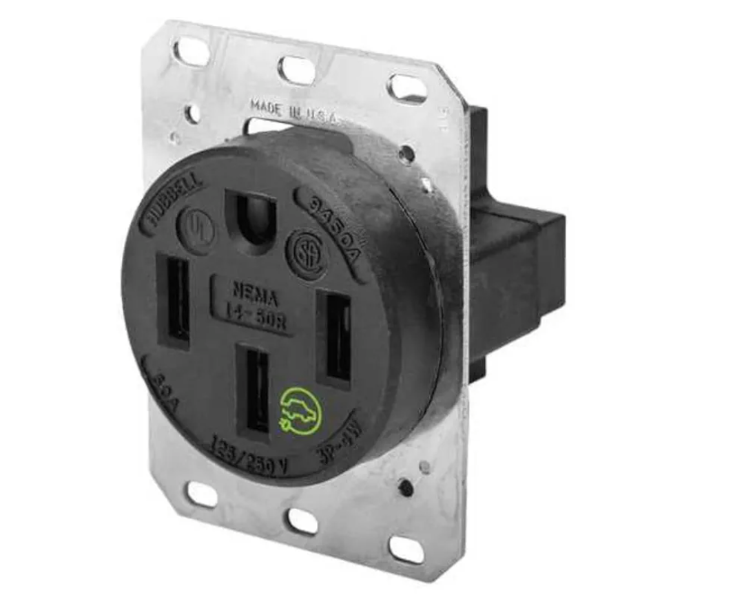 Hubbell HBL9450A Straight Blade Device Receptacle, RTP, Industrial Grade, 3-Pole 4-Wire Grounding, 50A 125/250V, 14-50R