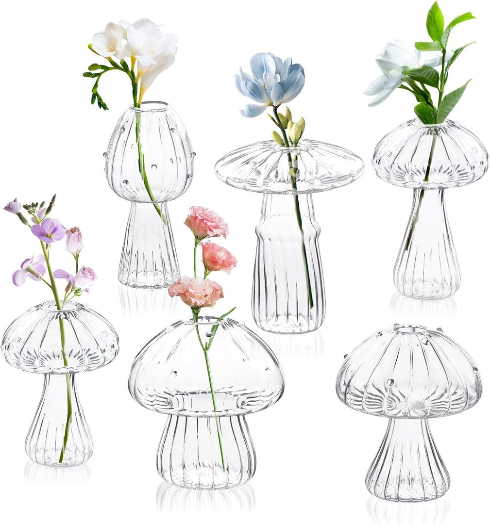 Mushroom Vase, Sunoyar Set of 6 Unique Mushroom Propagation Vases for Plants, Cute Small Indoor Hydroponic Plants Propagation Stations for Bedroom Drawing Room Office Cafe Window Sill (Clear 6pc)