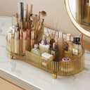 Booklov Rotating Makeup Organizer for Vanity, Large Capacity Cosmetic Display Case, Clear Acrylic Countertop Beauty Storage Holder for Skincare, Brush Eyeshadow Lipstick, Counter Desk, Crystal Amber