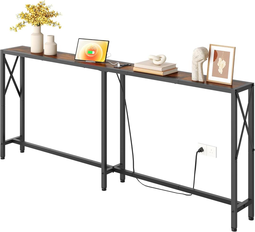 70 in Skinny Sofa Table Behind Couch, Console Table with Oulets & USB Ports for Hallway, Entryway,Living Room, Bedroom, Rustic Brown