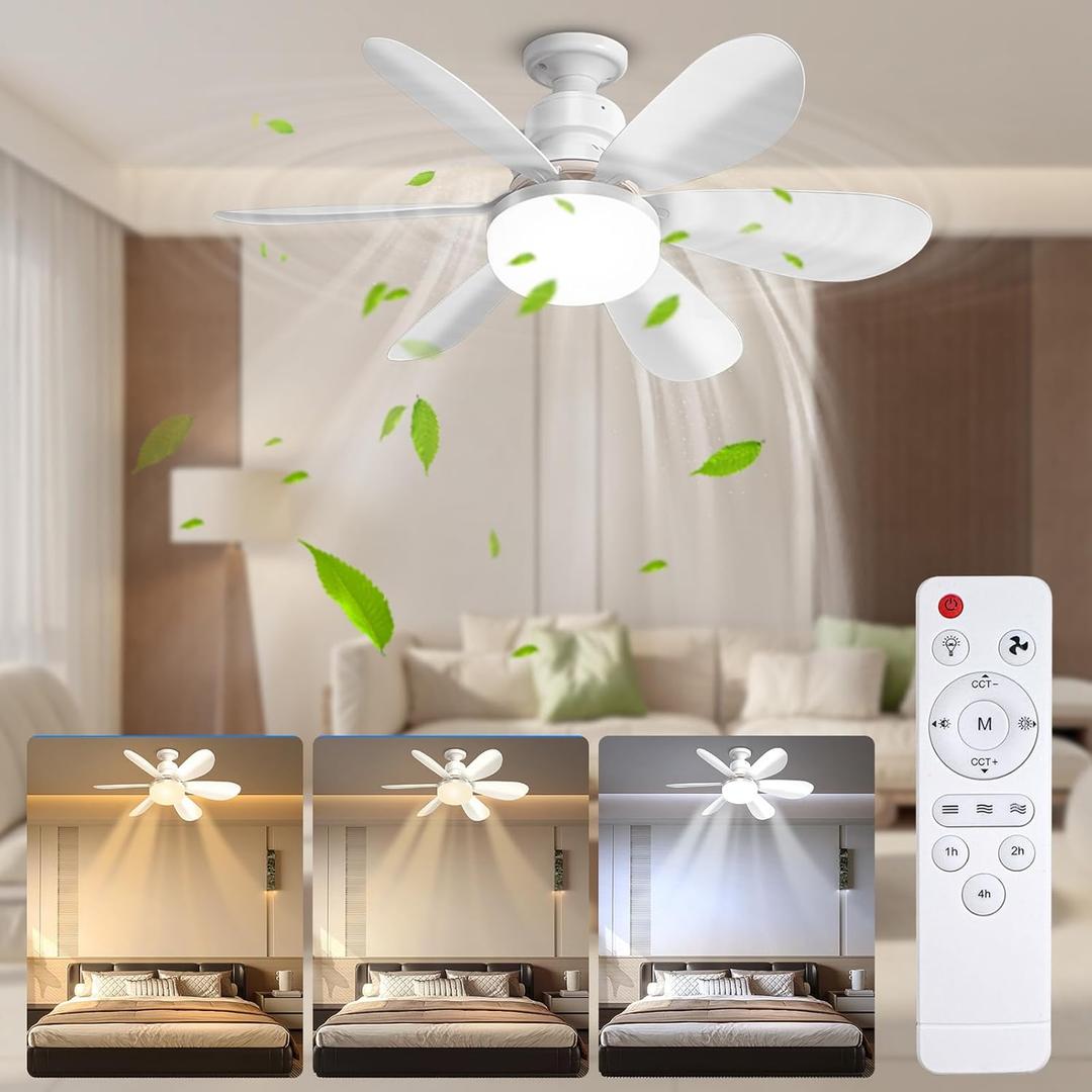 2 in 1 Socket Ceiling Fan with Light, 20.5 inch Screw in Small Ceiling Fans, E26/E27 Base Dimmable Light Socket Fan, 3000-6500K LED Light Bulb with Remote for Bedroom Kitchen Garage