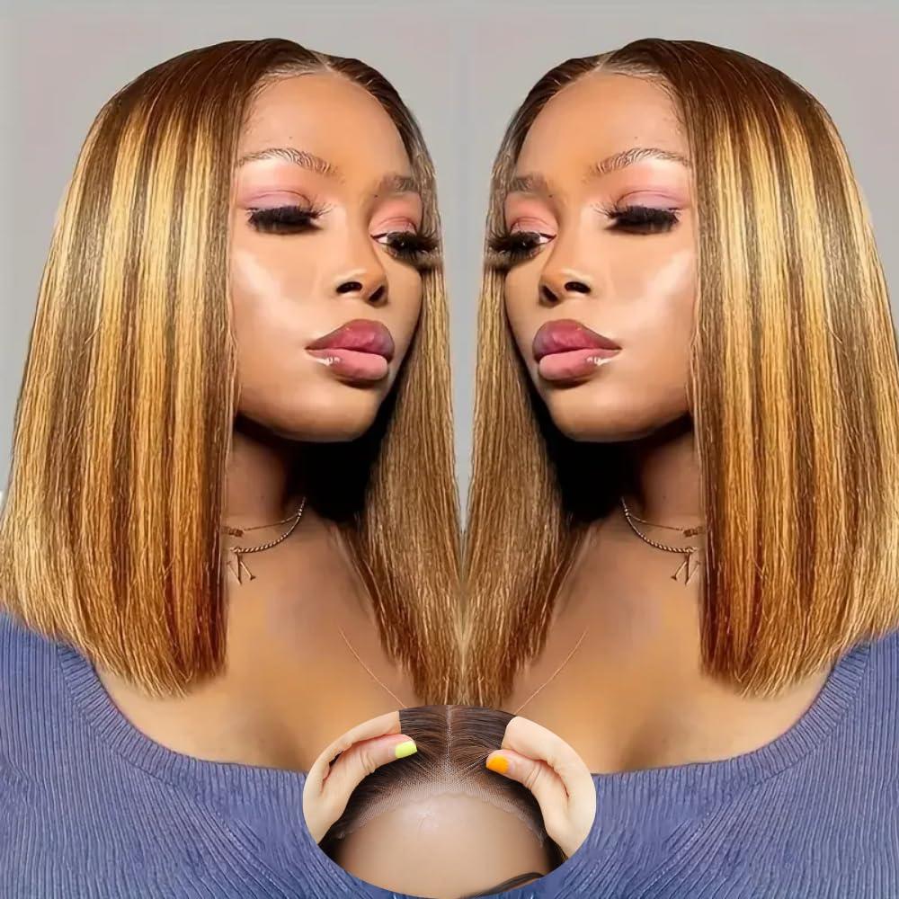 5x5 Bob Lace Closure Wig Human Hair Highlights 4/27 ombre honey blonde Wear and Go Glueless bob Wig 16 Inch 200 Density Pre Plucked With Baby Hair Hd Transparent Lace Ombre Blonde Color Wig