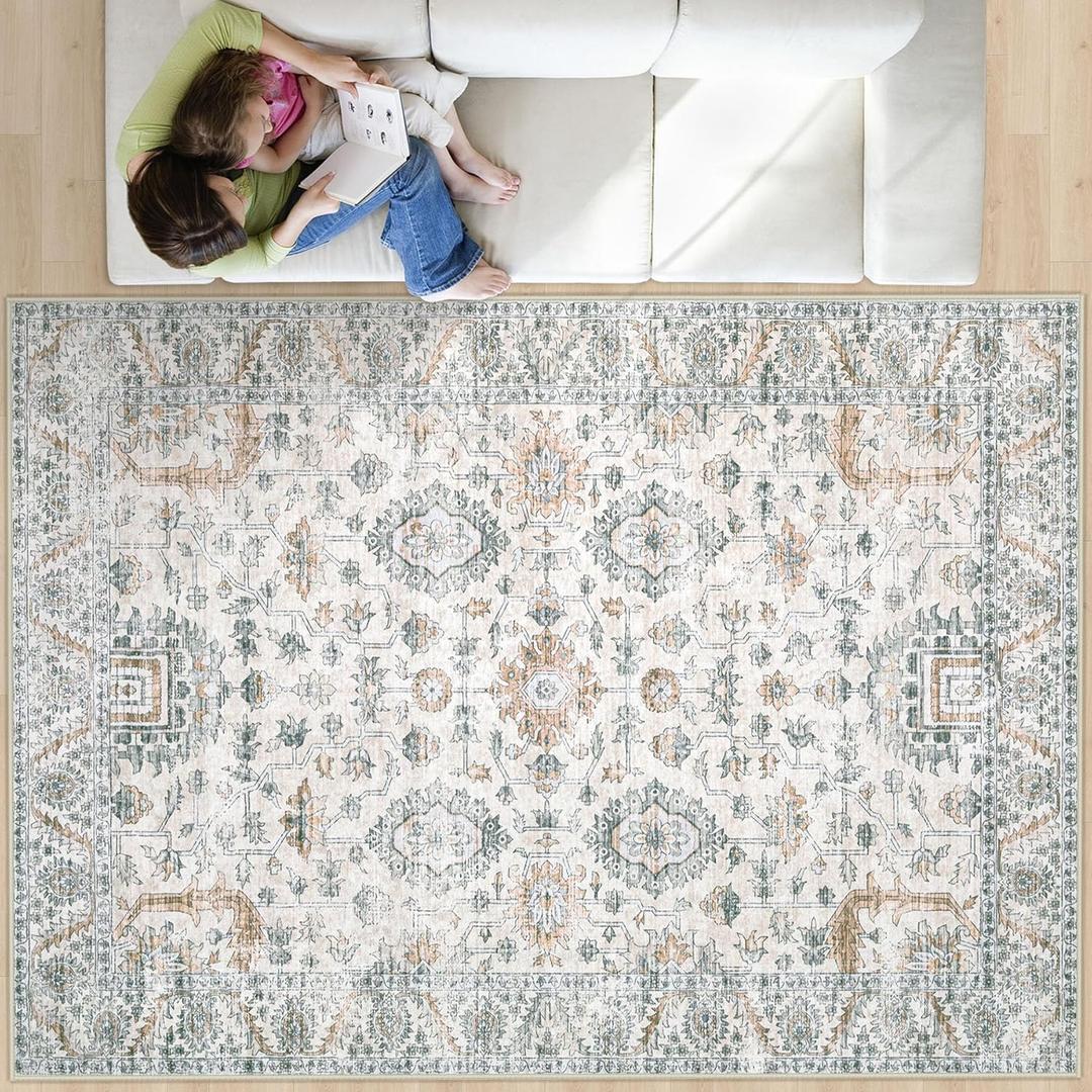 Area Rug 8x10 Living Room Rug, Machine Washable Vintage Distressed Boho Area Rug Non-Slip Soft Low Pile Large Indoor Rugs for Bedroom Kitchen Dining Room Office(Brown Green,8'x10')