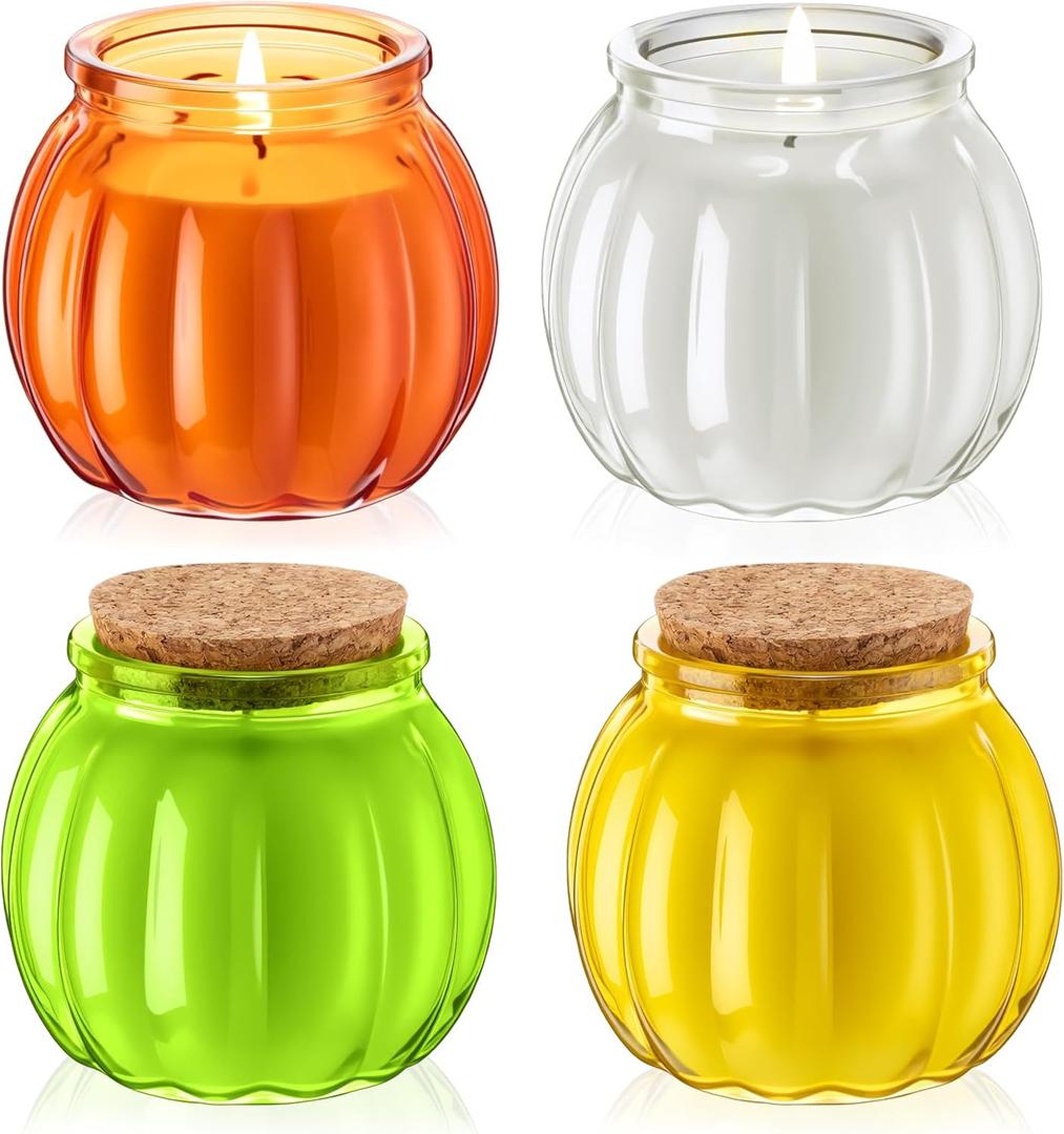 4 Pack Pumpkin Shaped Scented Candles Fall Pumpkin Spice Candles Decor Natural Soy Wax Candle for Home Autumn Halloween Thanksgiving Gift Farmhouse Decoration (White Green Yellow Orange)