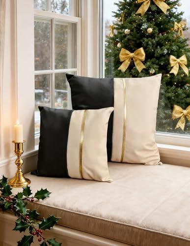 2 Pack GUANGDEEN Christmas Small Pillow Covers, Leather Beige and Black Rectangle Throw Pillows Covers for Living Room Couch Bed, Waterproof Cushion Case 13x13 in