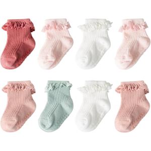 AQOKKA Baby Girl Toddlers Socks with Non-slip Grip Cute Frilly Ruffle Ankle Soft Cotton Newborn Baby Socks for Infant Kids, 0-6 Months