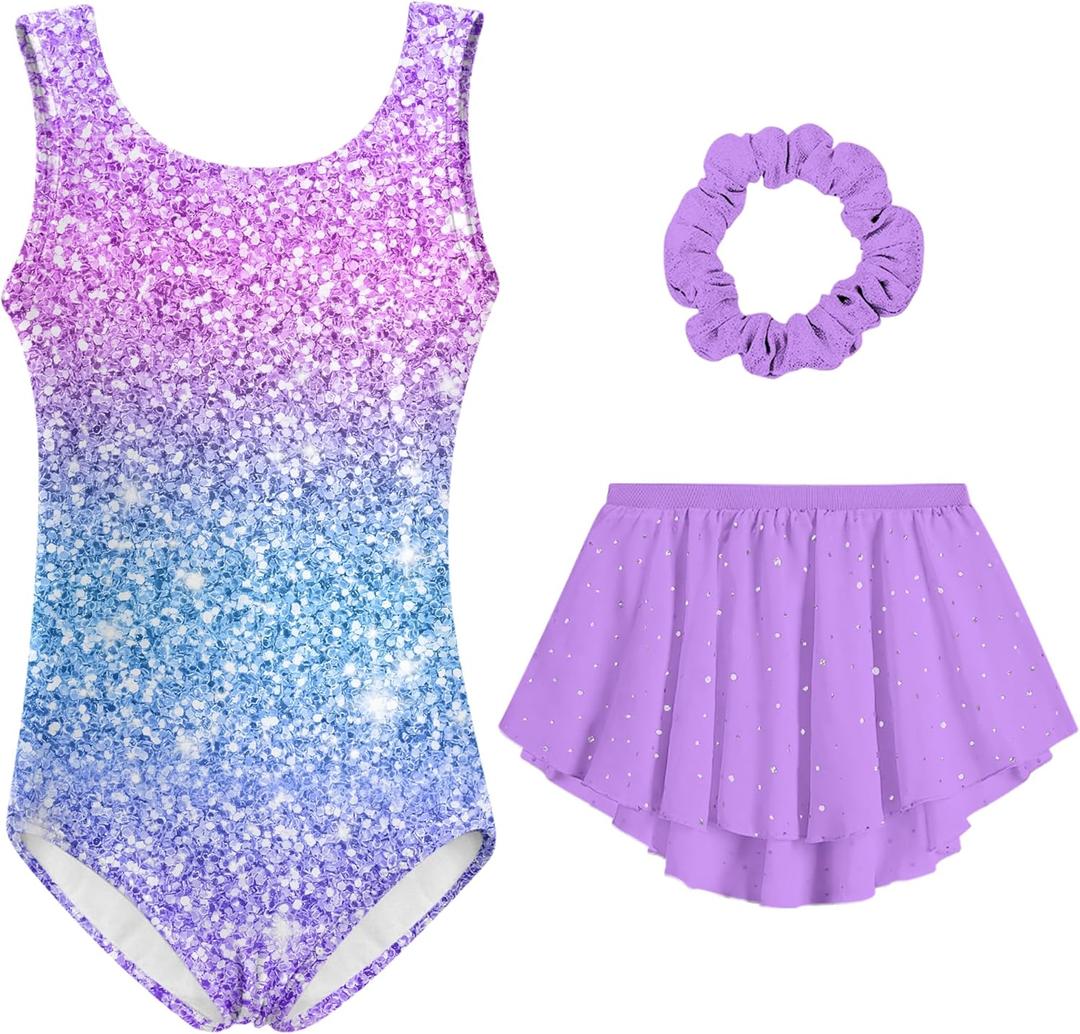 Idgreatim Girls Gymnastic Leotard Ballet Dance Dress Outfit with Removable Skirt Hair Scrunchie Combo 4-11 Years (Purple Pink)