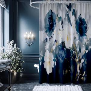 Abstract Blue Flower Shower Curtain, Pretty Floral Painting Printed Shower Curtain Waterproof Fabric Modern Bathroom Art Decor 72x72 Inches Machine Washable