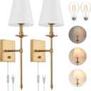 Dimmable Wall Sconces Set of Two, Plug in Wall Sconces White Fabric Shade, Wall Lamp for Bedroom, Living room, Plug in Wall Light Sconces Wall Decor Set of 2, LED Bulbs Included, Antique Brass