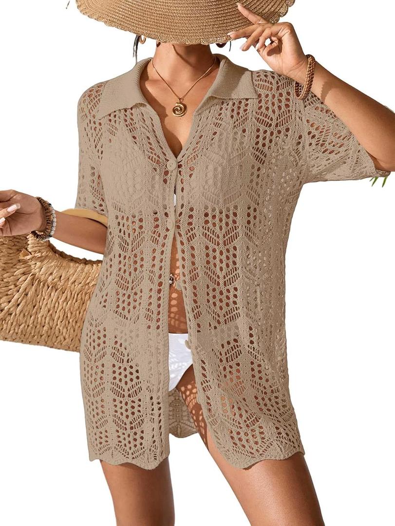 BreathSunny Womens Crochet Knit Polo Collar Swimsuit Coverup Cardigan Summer 2026 Beach Bathing Suit Cover Up Shirt Dress