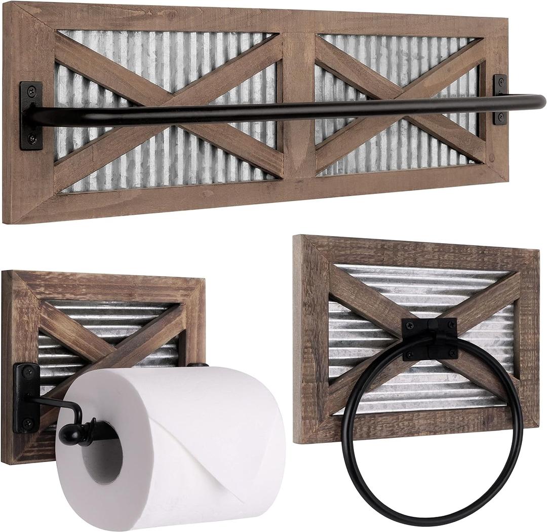 Autumn Alley Farmhouse Toilet Paper Holder, Towel Ring for Bathroom, Farmhouse Towel Rack Holder Set, 3PCS, Wall Mount for Farmhouse Bathroom Decor and Accessories, Rustic Wooden, Brown