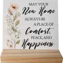 New Home Blessing Wooden Desk Sign Decor, Housewarming Gifts for Women, May Your New Home Always Be Comfort Peace Wood Plaque Sign for Bedroom Living Room Desk Table Shelf Decorations