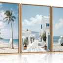 BICERE Large Summer Coastal Framed Canvas Wall Art Set,Modern Beach Surfboard Wall Decor,Seaside Palm Tree Art Prints,Vintage Blue Van Artwork for Living Room,Bedroom,Office -24"x36"x3
