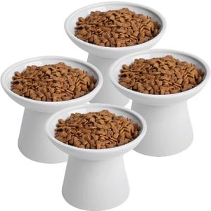 6.2 Inch Extra Wide Elevated Ceramic Cat Bowls, Food and Water Bowl Set for Elder Big Cats Small Dogs, Raised Design for Pet Easy Eating, Protect Cat's Spine Set of 4 (White)