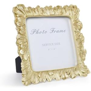 Cuspin 6x6 Gold Picture Frame, Vintage Gold Palm Leaves Textured Hand-Crafted Resin Frames with Glass Front, Retro Square Photo Frame for Wall and Tabletop Display Home Decor