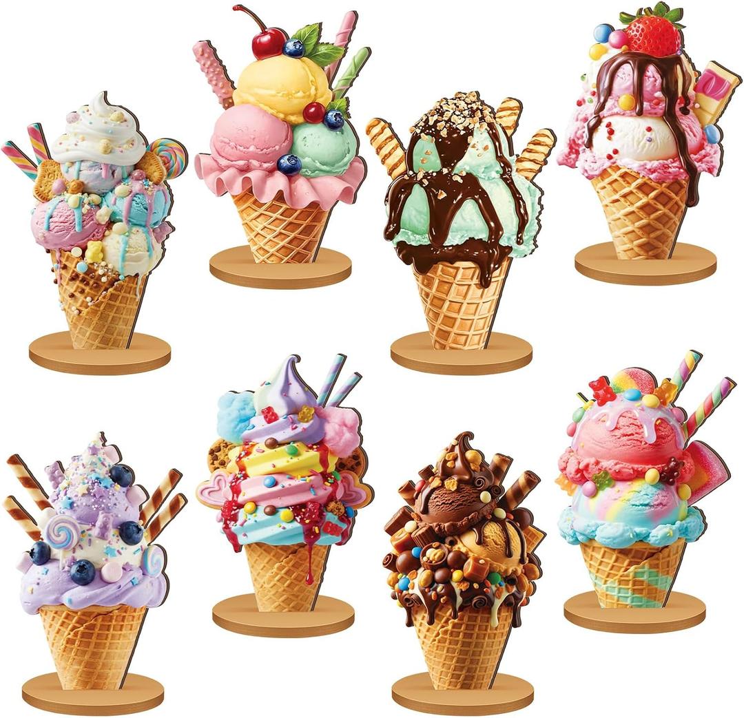 Amyhill 8 Pcs Summer Ice Cream Table Decorations Wooden Ice Cream Cone Table Centerpiece Sundae Party Decorations Toppers for Summer Theme Bridal Wedding Graduation Birthday Favor Supplies