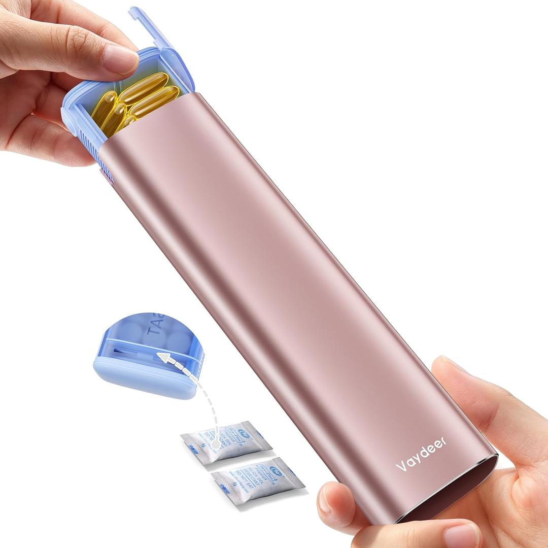 VAYDEER Metal Weekly Pill Organizer  Moisture-Proof Travel Pill Organizer with Built-in Desiccant Chamber and Airtight Lids  Large-Capacity Pill Box for Vitamins, Medicines & Supplements (Rose Gold)