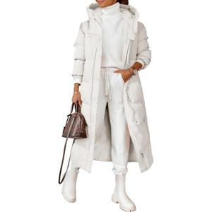 Grlasen Women Long Quilted Coat Winter Hooded Long Sleeve Button Down Puffer Padded Jacket (X-Large, White)