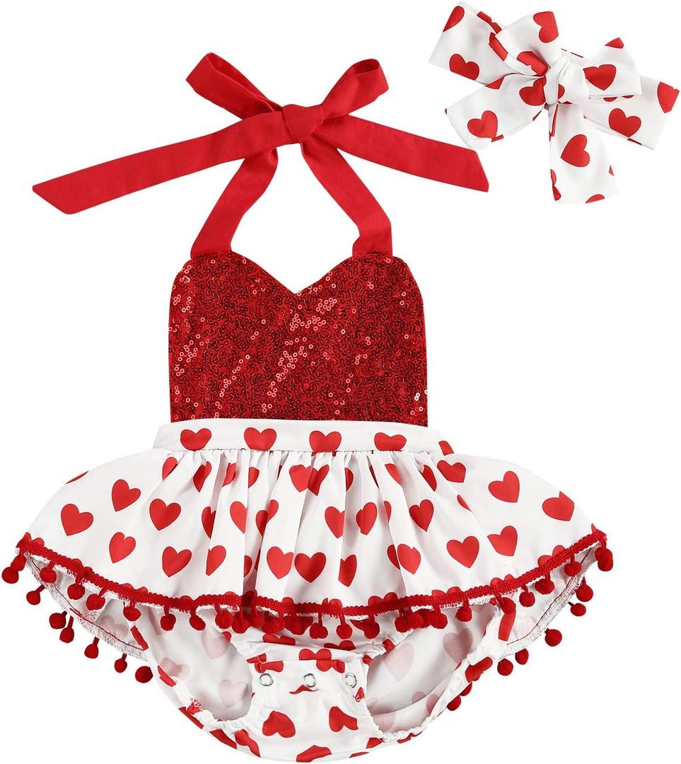 Newborn Baby Girl Valentine's + Day Outfit Flutter Sleeve Heart Print Tutu Romper Dress Headband 2Pcs Clothes Set (12-18 Months, Red White)