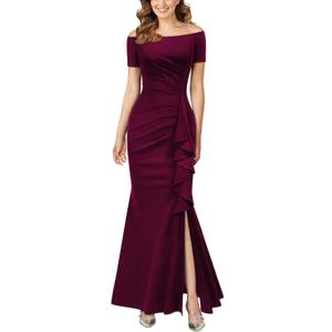 AISIZE Women's Elegant Off Shoulder Ruffle Formal Evening Long Dress (XL)