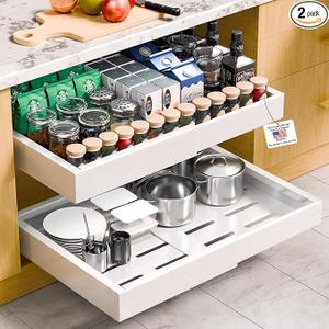 2 Pack Pull Out Cabinet Organizer Expandable, Adjustable Width 12.6"-20.6", Slide Out Drawers and Roll out Drawer for Pots and Pans, Adhesive No Drill Screw (White ND1)