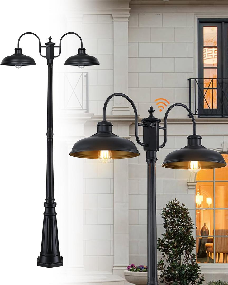 Dusk to Dawn Outdoor Lamp Post Light 2-Head, Outdoor Post Light Street Light Post for Outside with Sensor, Waterproof Black Farmhouse Pole Lighting Fixture for Backyard Garden Patio Driveway