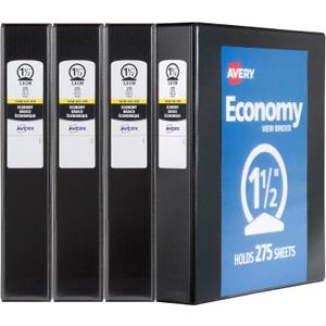 Avery Economy View 3 Ring Binders, 1.5" Round Rings, 4 Black Binders (19204)