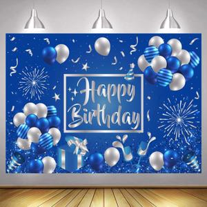 Blue and Silver Birthday Backdrop Indoor Outdoor Decorations Birthday Party Supplies Photography Background for Favor Boys Girls Kids Men Women 5x3ft