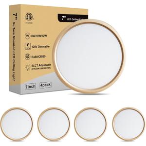 7 Inch LED Ceiling Light - Dimmable 2700K/3000K/3500K/4000K/5000K Selectable LED Ceiling Lights, Ultra Slim 0.67 Inch Round Flat Ceiling Lamps for Bathroom Basement, 7 Inch 4Pack Gold