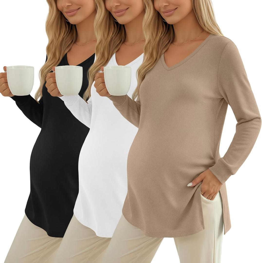 Huukeay 3 Pack Women's Thermal Maternity Shirts Long Sleeve Fleece Lined Pregnancy Tops Split Side V Neck Maternity Clothes (Black, L)