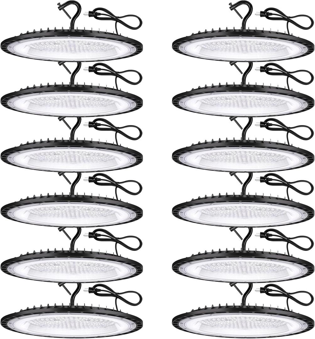 12 Pack 200W UFO Led High Bay Light Fixture,120VAC,30800LM,5000K Daylight Commercial Shop Bay Lighting,[850W MH/HPS Equiv.] US Plug Area Lighting for Garage/Warehouse/Barn/Gym/Factory/Workshop