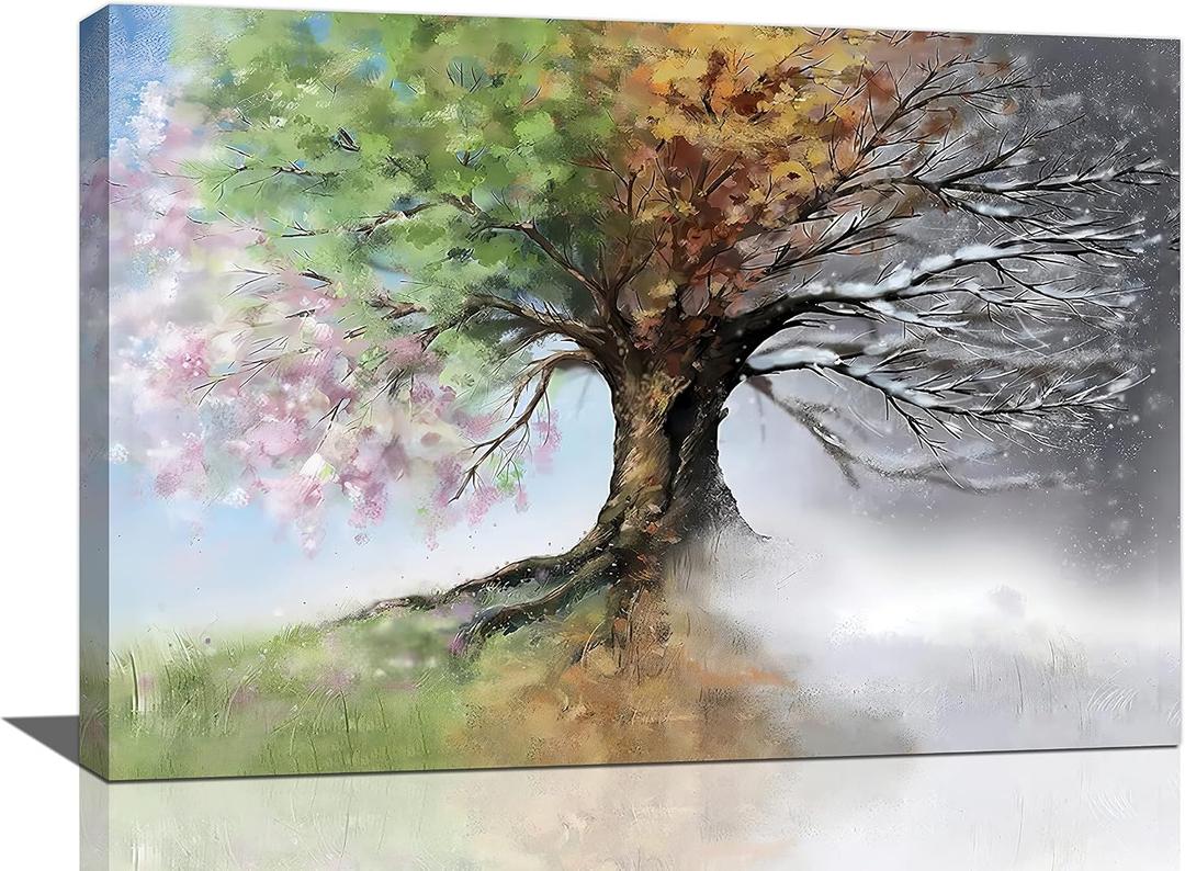 yerretin Tree of Life Wall Art Colorful Country Trees Pictures Wall Decor Rustic Four Season Canvas Painting Modern Artwork Home Decorations for Bathroom Living Room Bedroom Office Framed 24"x16"