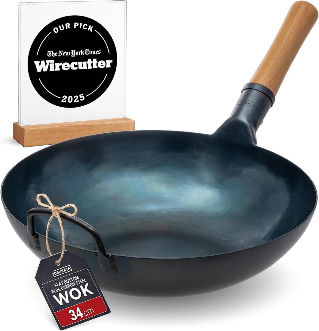 YOSUKATA 34 cm Pre-Seasoned Flat Bottom Blue Carbon Steel Wok for Stir Fry