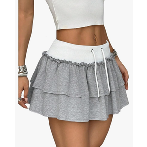 Small Verdusa Women's Y2K Ruffle Mini Skirt Drawstring Waist A Line Flared Cake Skirts M