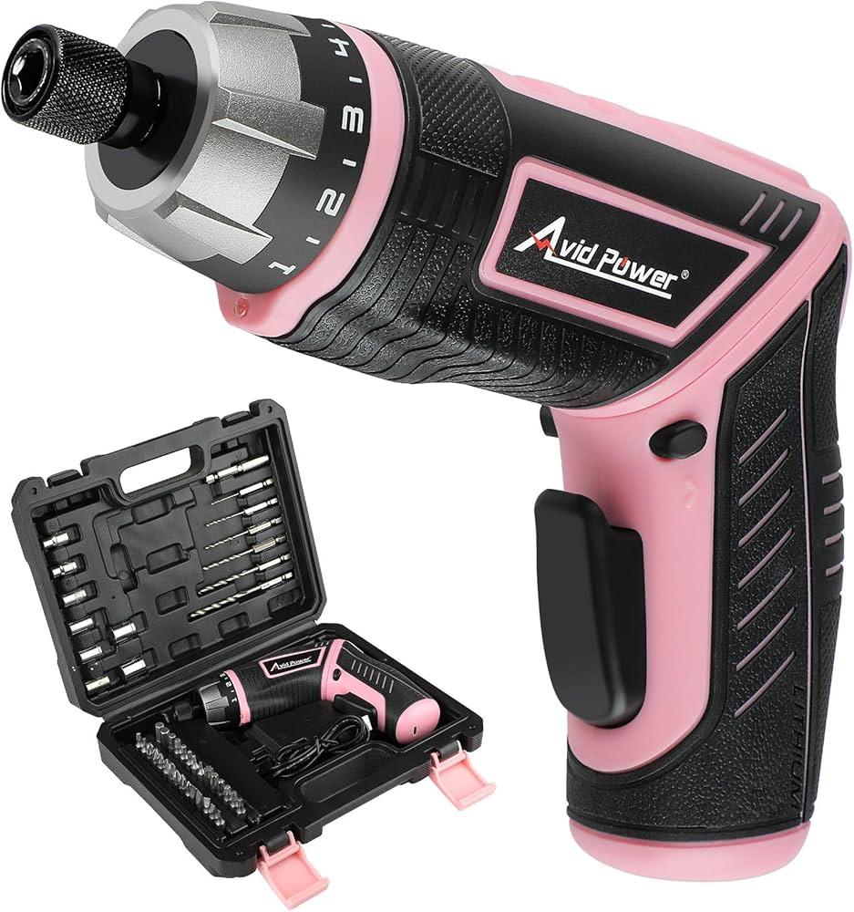 AVID POWER Electric Cordless Screwdriver Set Rechargeable 4V Power Screwdriver Kit with 44pcs Accessories, 5.65Nm Screw Gun, 5+1 Torque Setting, 2 Position Handle with LED Light - Pink Tools for Women