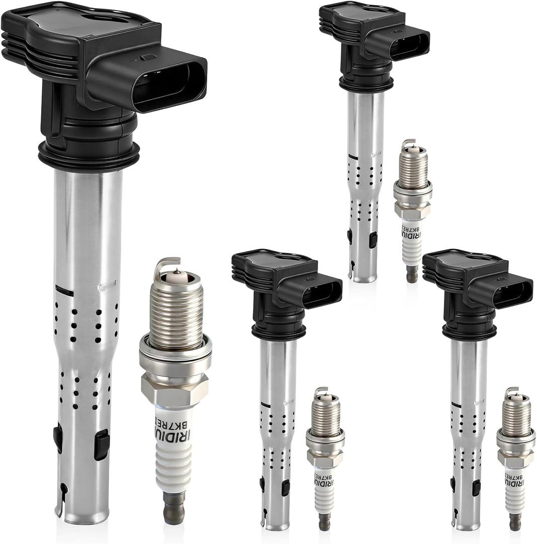 UF575 Ignition Coil Pack and Iridium Spark Plugs Set of 4 Compatible with Audi A3 A4 A5 Q3 Q5 RS4 Volkswagen Beetle Jetta Golf Seat Altea Leon 20042018 2.0L 4.2L Replaces#UF529,C1627, XP3922