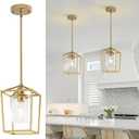 2 Pack Gold Pendant Lights Kitchen Island, Modern Farmhouse Kitchen Pendant Light Fixtures, Metal Cage Island Lights with Clear Glass Shade for Kitchen, Entryway, Dining Room, Hallway