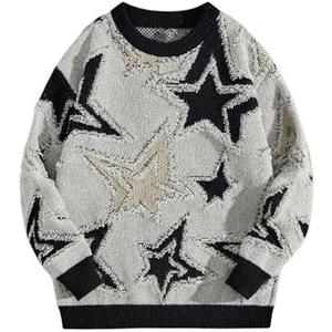 BEAUDRM Men's Star Graphic Sweaters Y2K Vintage Crewneck Oversized Sweaters Baggy Long Sleeve Knit Unisex Pullover Jumper Top, Small